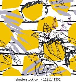 Tropical, stripe, animal motif. Seamless pattern line and crackle textures. Modern summer leaf on abstract shape brush. Contrast vector background. Watercolor blobs and daubs, ink and stains.