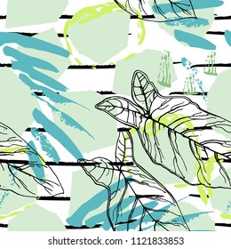 Tropical, stripe, animal motif. Seamless pattern line and crackle textures. Modern summer leaf on abstract shape brush. Contrast vector background. Watercolor blobs and daubs, ink and stains.