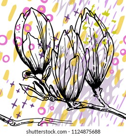 Tropical, stripe, animal motif. Seamless pattern line and crackle textures. Modern summer flower, leaf on abstract shape brush. Contrast vector background. Watercolor blobs and daubs, ink and stains.