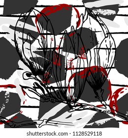 Tropical, stripe, animal motif. Seamless pattern line and crackle textures. Modern summer flower, leaf on abstract shape brush. Contrast vector background. Watercolor blobs and daubs, ink and stains.