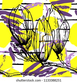 Tropical, stripe, animal motif. Seamless pattern line and crackle textures. Modern summer flower, leaf on abstract shape brush. Contrast vector background. Watercolor blobs and daubs, ink and stains.
