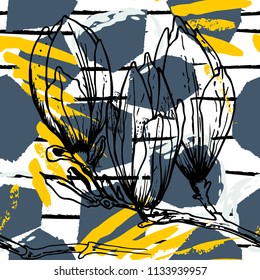 Tropical, stripe, animal motif. Seamless pattern line and crackle textures. Modern summer flower, leaf on abstract shape brush. Contrast vector background. Watercolor blobs and daubs, ink and stains.