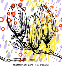 Tropical, stripe, animal motif. Seamless pattern line and crackle textures. Modern summer flower, leaf on abstract shape brush. Contrast vector background. Watercolor blobs and daubs, ink and stains.