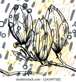 Tropical, stripe, animal motif. Seamless pattern line and crackle textures. Modern summer flower, leaf on abstract shape brush. Contrast vector background. Watercolor blobs and daubs, ink and stains.