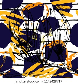 Tropical, stripe, animal motif. Seamless pattern line and crackle textures. Modern summer flower, leaf on abstract shape brush. Contrast vector background. Watercolor blobs and daubs, ink and stains.