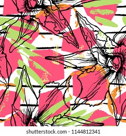 Tropical, stripe, animal motif. Seamless pattern line and crackle textures. Modern summer flower, leaf on abstract shape brush. Contrast vector background. Watercolor blobs and daubs, ink and stains.