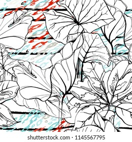 Tropical, stripe, animal motif. Seamless pattern line and crackle textures. Modern summer flower, leaf on abstract shape brush. Contrast vector background. Watercolor blobs and daubs, ink and stains.