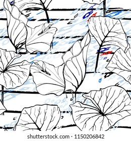 Tropical, stripe, animal motif. Seamless pattern line and crackle textures. Modern summer flower, leaf on abstract shape brush. Contrast vector background. Watercolor blobs and daubs, ink and stains.