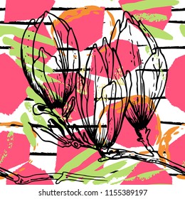 Tropical, stripe, animal motif. Seamless pattern line and crackle textures. Modern summer flower, leaf on abstract shape brush. Contrast vector background. Watercolor blobs and daubs, ink and stains.