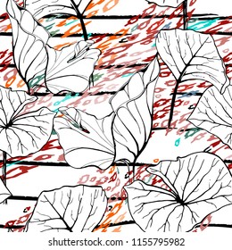 Tropical, stripe, animal motif. Seamless pattern line and crackle textures. Modern summer flower, leaf on abstract shape brush. Contrast vector background. Watercolor blobs and daubs, ink and stains.