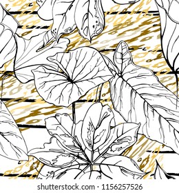 Tropical, stripe, animal motif. Seamless pattern line and crackle textures. Modern summer flower, leaf on abstract shape brush. Contrast vector background. Watercolor blobs and daubs, ink and stains.