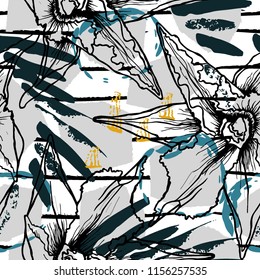 Tropical, stripe, animal motif. Seamless pattern line and crackle textures. Modern summer flower, leaf on abstract shape brush. Contrast vector background. Watercolor blobs and daubs, ink and stains.