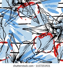 Tropical, stripe, animal motif. Seamless pattern line and crackle textures. Modern summer flower, leaf on abstract shape brush. Contrast vector background. Watercolor blobs and daubs, ink and stains.