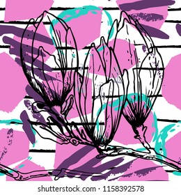 Tropical, stripe, animal motif. Seamless pattern line and crackle textures. Modern summer flower, leaf on abstract shape brush. Contrast vector background. Watercolor blobs and daubs, ink and stains.