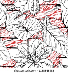 Tropical, stripe, animal motif. Seamless pattern line and crackle textures. Modern summer flower, leaf on abstract shape brush. Contrast vector background. Watercolor blobs and daubs, ink and stains.