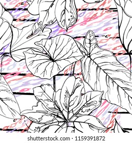 Tropical, stripe, animal motif. Seamless pattern line and crackle textures. Modern summer flower, leaf on abstract shape brush. Contrast vector background. Watercolor blobs and daubs, ink and stains.