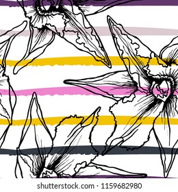 Tropical, stripe, animal motif. Seamless pattern line and crackle textures. Modern summer flower, leaf on abstract shape brush. Contrast vector background. Watercolor blobs and daubs, ink and stains.
