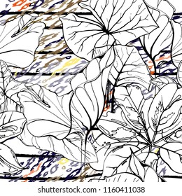 Tropical, stripe, animal motif. Seamless pattern line and crackle textures. Modern summer flower, leaf on abstract shape brush. Contrast vector background. Watercolor blobs and daubs, ink and stains.