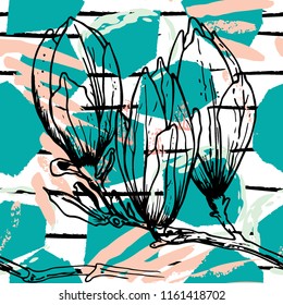 Tropical, stripe, animal motif. Seamless pattern line and crackle textures. Modern summer flower, leaf on abstract shape brush. Contrast vector background. Watercolor blobs and daubs, ink and stains.