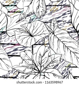 Tropical, stripe, animal motif. Seamless pattern line and crackle textures. Modern summer flower, leaf on abstract shape brush. Contrast vector background. Watercolor blobs and daubs, ink and stains.