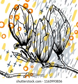 Tropical, stripe, animal motif. Seamless pattern line and crackle textures. Modern summer flower, leaf on abstract shape brush. Contrast vector background. Watercolor blobs and daubs, ink and stains.