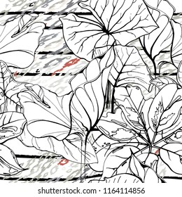 Tropical, stripe, animal motif. Seamless pattern line and crackle textures. Modern summer flower, leaf on abstract shape brush. Contrast vector background. Watercolor blobs and daubs, ink and stains.