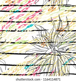 Tropical, stripe, animal motif. Seamless pattern line and crackle textures. Modern summer flower, leaf on abstract shape brush. Contrast vector background. Watercolor blobs and daubs, ink and stains.