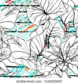 Tropical, stripe, animal motif. Seamless pattern line and crackle textures. Modern summer flower, leaf on abstract shape brush. Contrast vector background. Watercolor blobs and daubs, ink and stains.