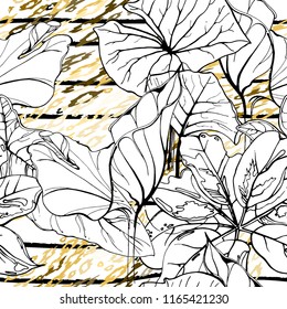 Tropical, stripe, animal motif. Seamless pattern line and crackle textures. Modern summer flower, leaf on abstract shape brush. Contrast vector background. Watercolor blobs and daubs, ink and stains.