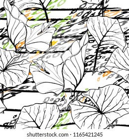 Tropical, stripe, animal motif. Seamless pattern line and crackle textures. Modern summer flower, leaf on abstract shape brush. Contrast vector background. Watercolor blobs and daubs, ink and stains.