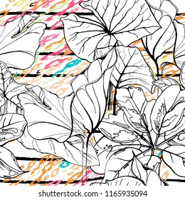 Tropical, stripe, animal motif. Seamless pattern line and crackle textures. Modern summer flower, leaf on abstract shape brush. Contrast vector background. Watercolor blobs and daubs, ink and stains.