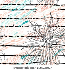 Tropical, stripe, animal motif. Seamless pattern line and crackle textures. Modern summer flower, leaf on abstract shape brush. Contrast vector background. Watercolor blobs and daubs, ink and stains.