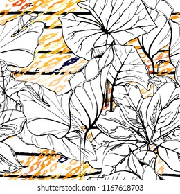 Tropical, stripe, animal motif. Seamless pattern line and crackle textures. Modern summer flower, leaf on abstract shape brush. Contrast vector background. Watercolor blobs and daubs, ink and stains.