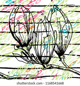 Tropical, stripe, animal motif. Seamless pattern line and crackle textures. Modern summer flower, leaf on abstract shape brush. Contrast vector background. Watercolor blobs and daubs, ink and stains.