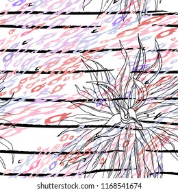 Tropical, stripe, animal motif. Seamless pattern line and crackle textures. Modern summer flower, leaf on abstract shape brush. Contrast vector background. Watercolor blobs and daubs, ink and stains.