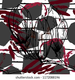 Tropical, stripe, animal motif. Seamless pattern line and crackle textures. Modern summer flower, leaf on abstract shape brush. Contrast vector background. Watercolor blobs and daubs, ink and stains.