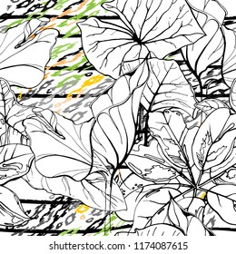 Tropical, stripe, animal motif. Seamless pattern line and crackle textures. Modern summer flower, leaf on abstract shape brush. Contrast vector background. Watercolor blobs and daubs, ink and stains.