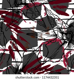 Tropical, stripe, animal motif. Seamless pattern line and crackle textures. Modern summer flower, leaf on abstract shape brush. Contrast vector background. Watercolor blobs and daubs, ink and stains.