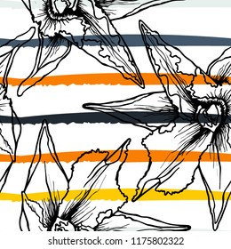 Tropical, stripe, animal motif. Seamless pattern line and crackle textures. Modern summer flower, leaf on abstract shape brush. Contrast vector background. Watercolor blobs and daubs, ink and stains.