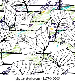 Tropical, stripe, animal motif. Seamless pattern line and crackle textures. Modern summer flower, leaf on abstract shape brush. Contrast vector background. Watercolor blobs and daubs, ink and stains.