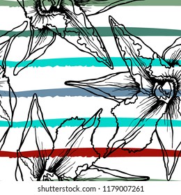 Tropical, stripe, animal motif. Seamless pattern line and crackle textures. Modern summer flower, leaf on abstract shape brush. Contrast vector background. Watercolor blobs and daubs, ink and stains.