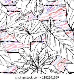 Tropical, stripe, animal motif. Seamless pattern line and crackle textures. Modern summer flower, leaf on abstract shape brush. Contrast vector background. Watercolor blobs and daubs, ink and stains.