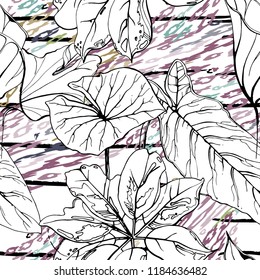 Tropical, stripe, animal motif. Seamless pattern line and crackle textures. Modern summer flower, leaf on abstract shape brush. Contrast vector background. Watercolor blobs and daubs, ink and stains.