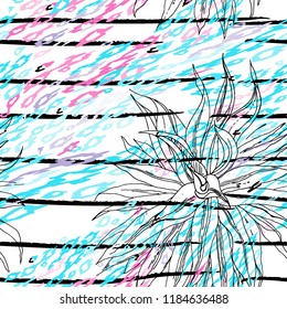 Tropical, stripe, animal motif. Seamless pattern line and crackle textures. Modern summer flower, leaf on abstract shape brush. Contrast vector background. Watercolor blobs and daubs, ink and stains.