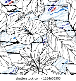 Tropical, stripe, animal motif. Seamless pattern line and crackle textures. Modern summer flower, leaf on abstract shape brush. Contrast vector background. Watercolor blobs and daubs, ink and stains.