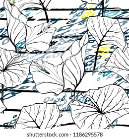 Tropical, stripe, animal motif. Seamless pattern line and crackle textures. Modern summer flower, leaf on abstract shape brush. Contrast vector background. Watercolor blobs and daubs, ink and stains.