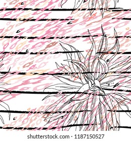 Tropical, stripe, animal motif. Seamless pattern line and crackle textures. Modern summer flower, leaf on abstract shape brush. Contrast vector background. Watercolor blobs and daubs, ink and stains.