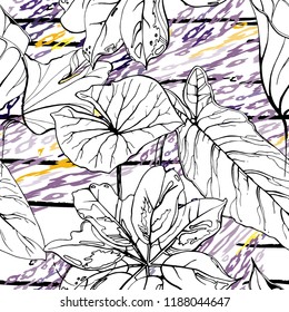 Tropical, stripe, animal motif. Seamless pattern line and crackle textures. Modern summer flower, leaf on abstract shape brush. Contrast vector background. Watercolor blobs and daubs, ink and stains.