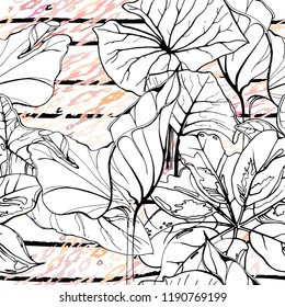Tropical, stripe, animal motif. Seamless pattern line and crackle textures. Modern summer flower, leaf on abstract shape brush. Contrast vector background. Watercolor blobs and daubs, ink and stains.