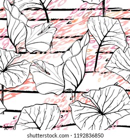 Tropical, stripe, animal motif. Seamless pattern line and crackle textures. Modern summer flower, leaf on abstract shape brush. Contrast vector background. Watercolor blobs and daubs, ink and stains.